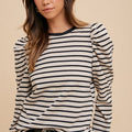 Annie Wear Striped Round Neck Puff Sleeve French Terry Top