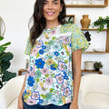 Printed Round Neck Puff Sleeve Blouse