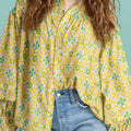 Frill Printed Collared Neck Long Sleeve Blouse