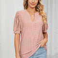 Eyelet Short Puff Sleeve Notched Neck Top