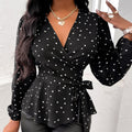 Heart Print Surplice Balloon Sleeve Blouse