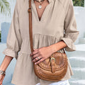 Ruffled Notched Three-Quarter Sleeve Blouse