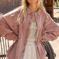 POL Button Down Raw Hem Distressed Shacket