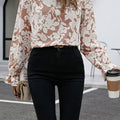 Floral Print Mock Neck Flounce Sleeve Blouse