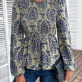 Peplum Printed Round Neck Long Sleeve Blouse