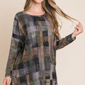 BOMBOM Plaid Round Neck Long Sleeve Top