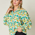 Double Take Full Size Printed Smocked Long Sleeve Blouse
