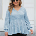 Plus Size Ribbed V-Neck Long Sleeve Blouse