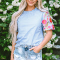 Embroidered Plaid Round Neck Short Sleeve Blouse