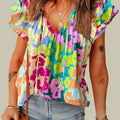 Ruffled Printed Tie Neck Cap Sleeve Blouse