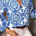 Printed Notched Long Sleeve Blouse