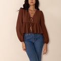 Peplum Tied V-Neck Long Sleeve Blouse