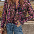 Printed Notched Long Sleeve Blouse