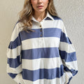 Oh Pima Cotton Wash Wide Striped Collared Neck Long Sleeve Top