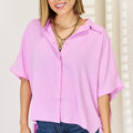 Zenana Texture Button Up Short Sleeve High-Low Shirt