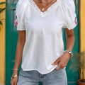 Perfee Frill Embroidered V-Neck Short Sleeve Blouse