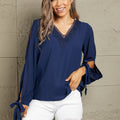 Perfee V-Neck Tie Cuff Slit Blouse