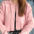 Pearl Trim Collared Neck Long Sleeve Cardigan