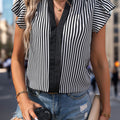 Perfee Ruffled Striped Notched Cap Sleeve Blouse