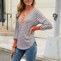 Contrast Striped Notched Long Sleeve Top