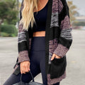 Striped Open Front Long Sleeve Cardigan with Pockets