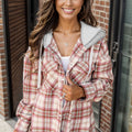 Plaid Raw Hem Drawstring Hooded Jacket