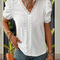 Perfee Lace Detail Eyelet V-Neck Short Sleeve Blouse