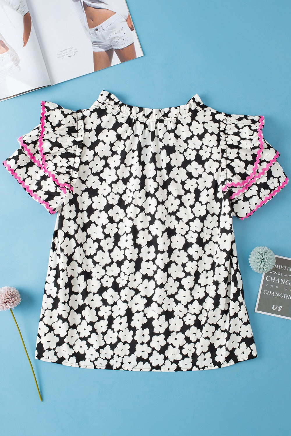Printed V-Neck Flounce Sleeve Blouse
