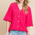 BOMBOM Texture Decorative Button V-Neck Top