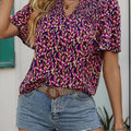 Perfee Printed Notched Flutter Sleeve Blouse