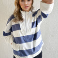 Oh Pima Cotton Wash Striped Half Zip Mock Neck Long Sleeve Top