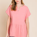 Cotton Bleu by Nu Label Notched Short Sleeve Peplum Top