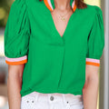 Contrast Trim Notched Short Sleeve Blouse