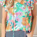 Ruffled Printed Tie Neck Cap Sleeve Blouse
