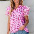 Printed V-Neck Flounce Sleeve Blouse