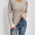 Perfee Lace Detail Ribbed V-Neck Long Sleeve Top