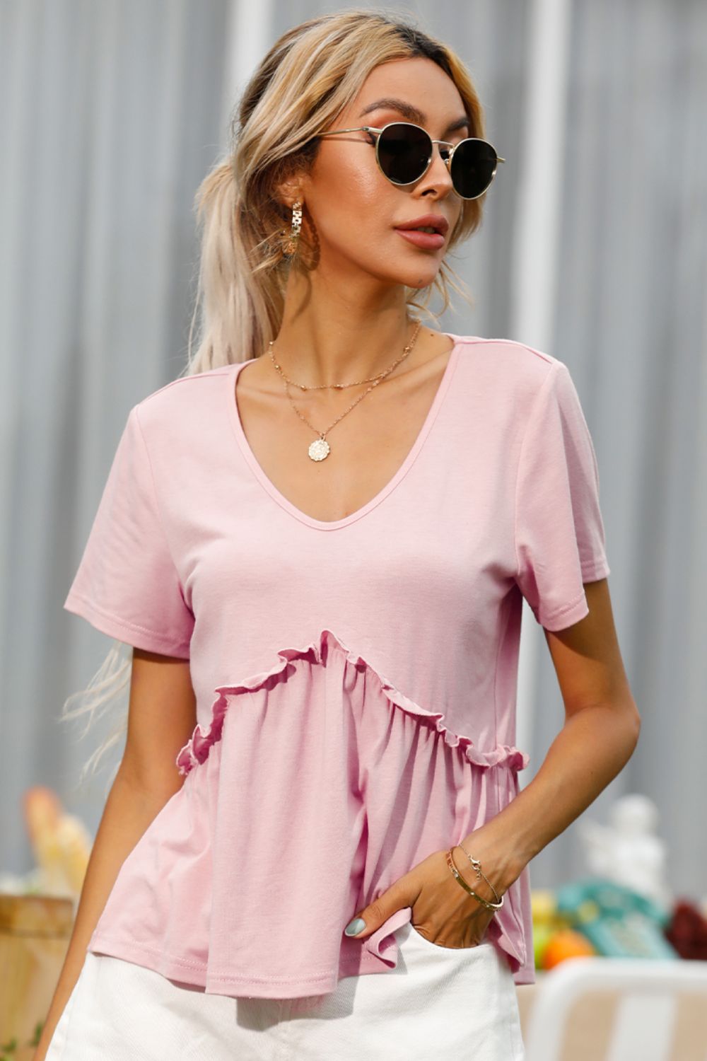 Shiny Frill Trim Short Sleeve Tee