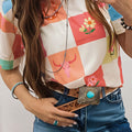 Checker Print Round Neck Short Sleeve T-Shirt