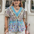 Plus Size Ruched Lace Detail Printed V-Neck Short Sleeve Blouse