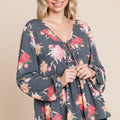 Super Lady Full Size Babydoll Floral Long Sleeve Blouse