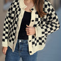 Checkered Button Up Round Neck Cardigan