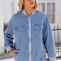Pocketed Zip Up Baseball Collar Denim Jacket