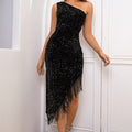 Sequin Asymmetrical Fringe Hem One-Shoulder Dress
