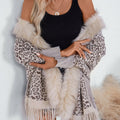 Fringe Leopard Open Front Long Sleeve Poncho