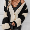 Waffle-Knit V-Neck Striped Long Sleeve Cardigan