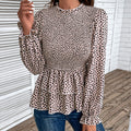 Perfee Printed Round Neck Smocked Flounce Sleeve T-Shirt