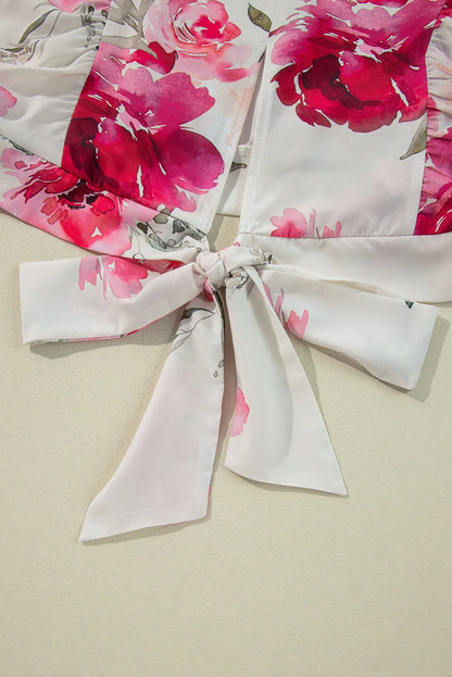 Tied Floral Round Neck Three-Quarter Sleeve Blouse