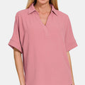 Zenana Texture Collared Neck Short Sleeve Top