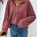 Half Button Collared Neck Long Sleeve Top