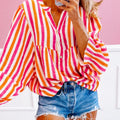 Striped Notched Flounce Sleeve Blouse